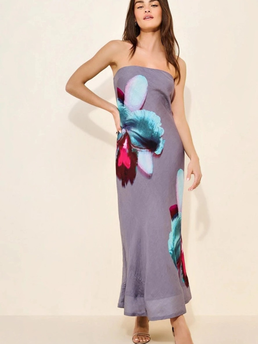 Amur Dress Floral Strapless Midi in Purple & Blue
